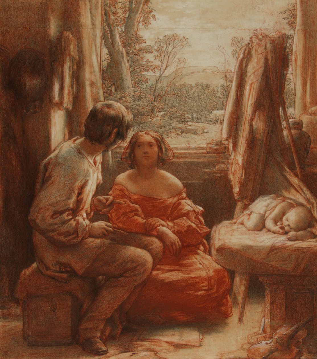 The Artist's Studio, ca. 1839 (blyant med rødt og hvitt kritt på papir) av William Mulready