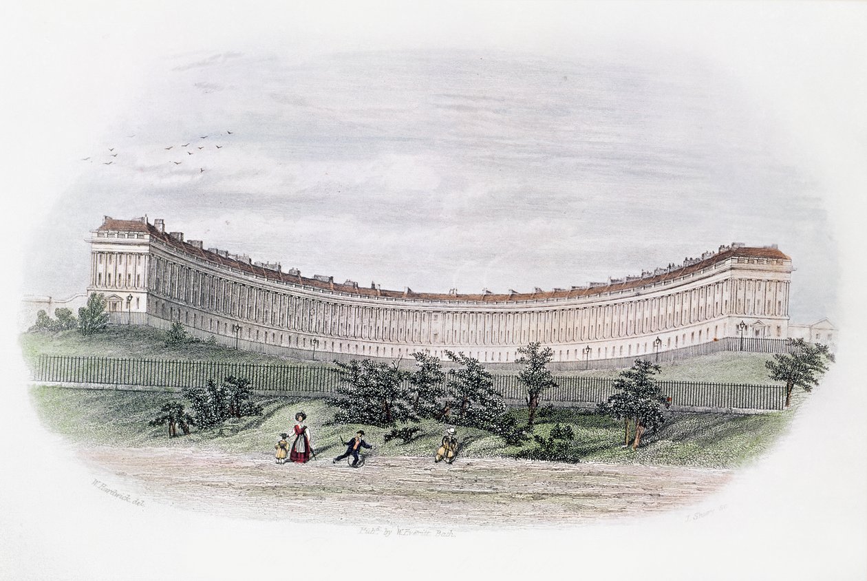 Royal Crescent, Bath, fra parken, gravert av J. Shury, ca. 1840 av William N. Hardwick of Bath