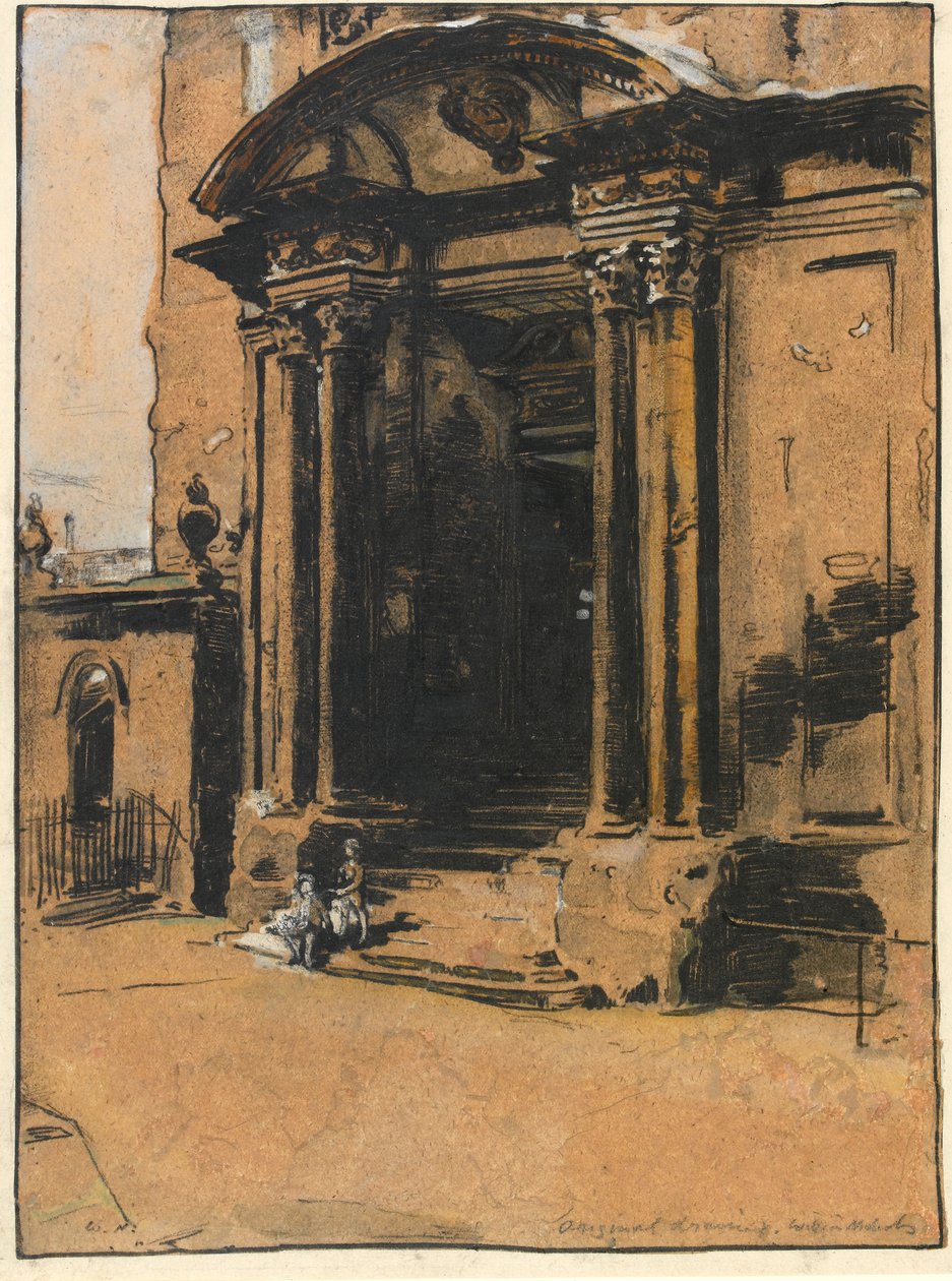 Døråpningen til det gamle Ashmolean Museum, Oxford (penn og blekk, svart kritt og vask med hvit forhøyning på kalkerpapir) av William Nicholson