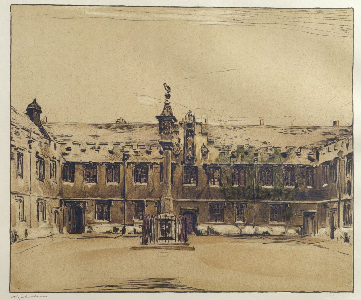 Front Quad ved Corpus Christi College, Oxford (penn og blekk med vask på papir) av William Nicholson