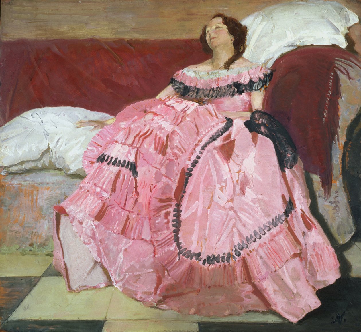 Den rosa kjolen (olje på panel) av William Nicholson