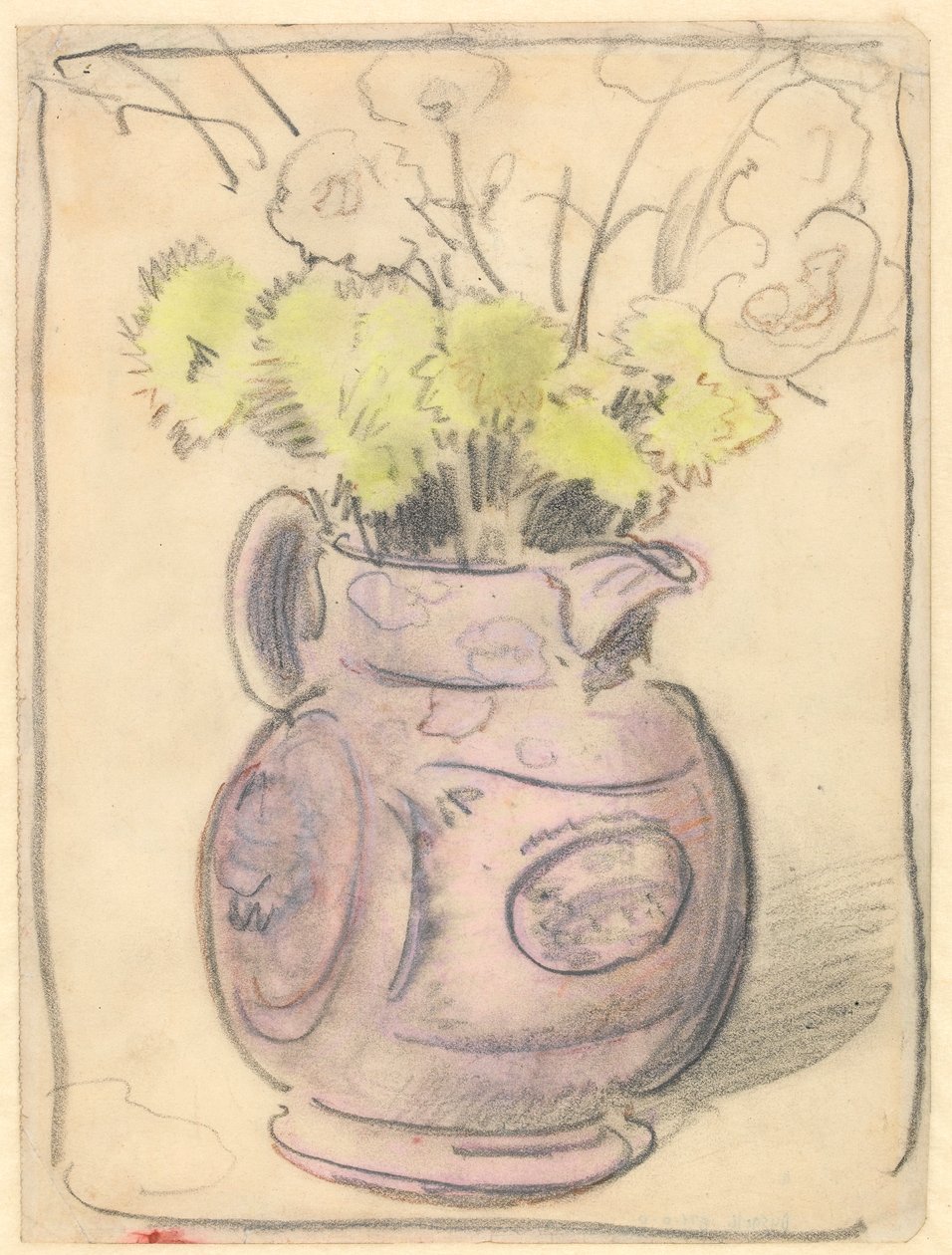 Vase med blomster: gule krysantemum i en glansmugge (svart og farget kritt på papir) av William Nicholson