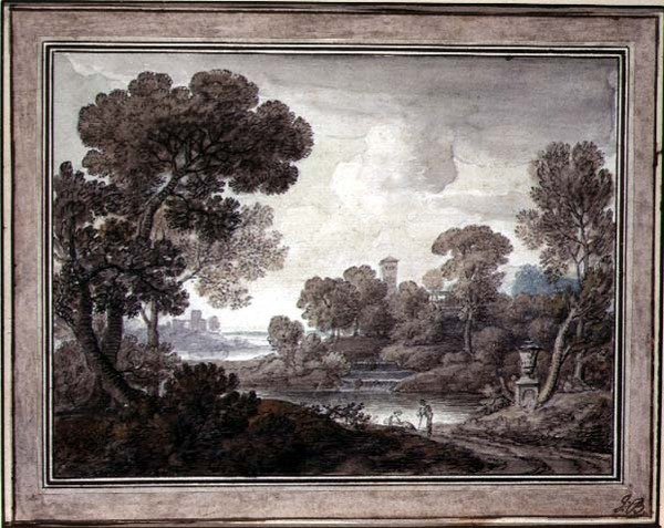 Klassisk landskap, ca. 1770 (penn og blekk og akvarell på papir) av William Oram