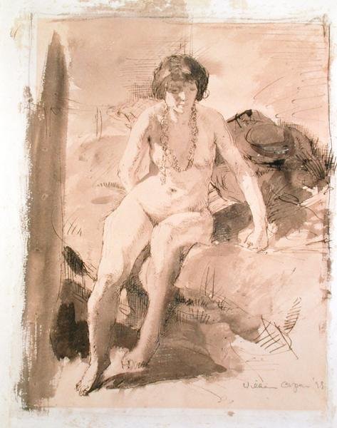 En naken jente sitter på en seng av William Orpen