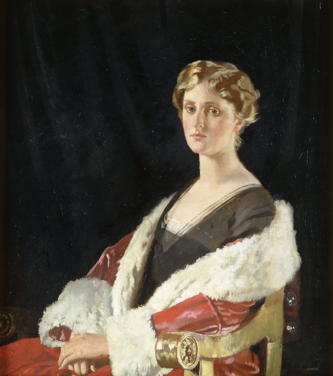 Portrett av Nancy Oswald Smith, sittende halv lengde, i en rød pelsfôret frakk, 1915 av William Orpen