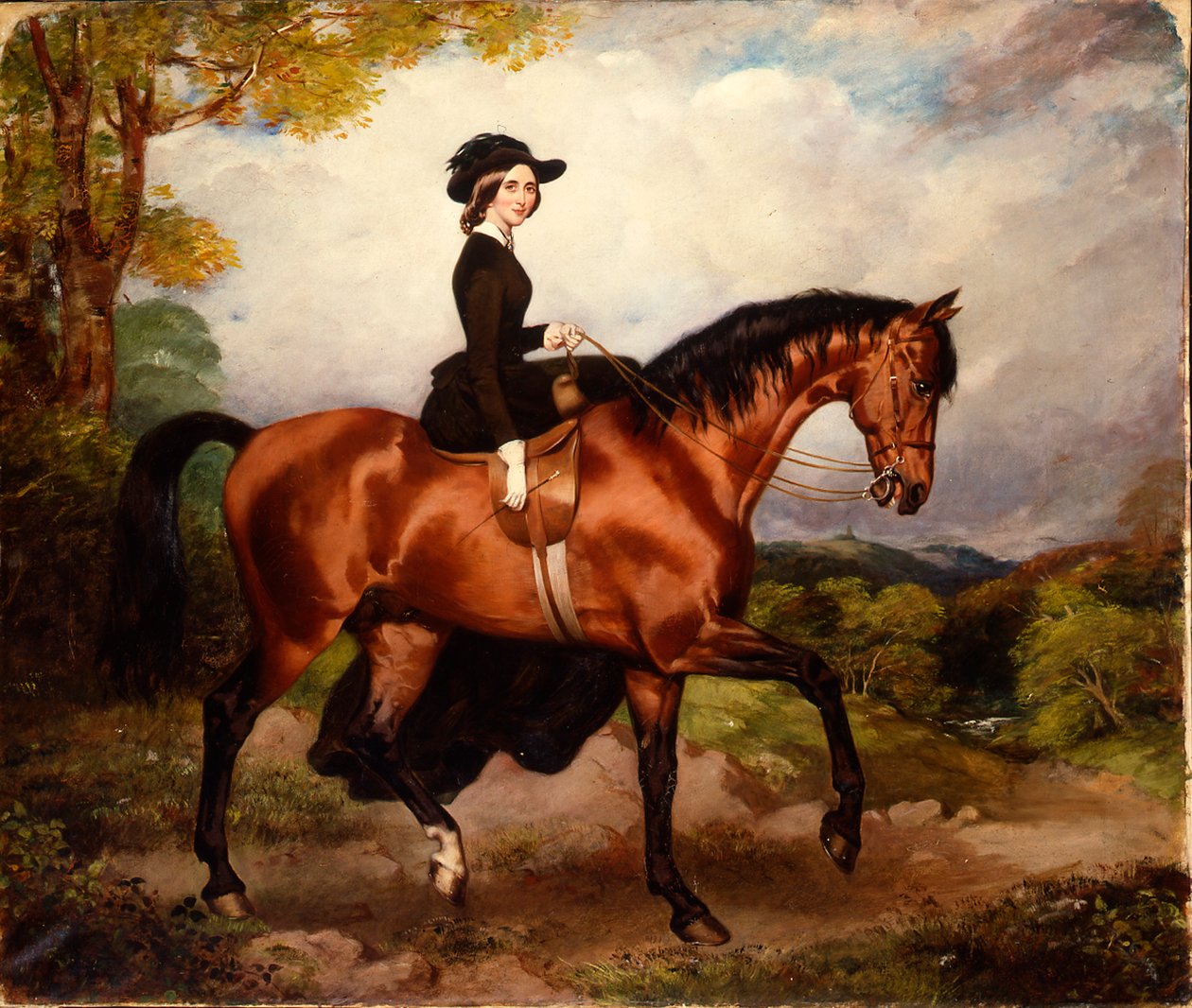 Portrett av Mrs. Thomas Conolly, sittende sidesal i svart ridevane på en kastanjejeger av William Osborne