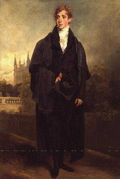 Portrett av Henry Townley (1769-1825) stående i akademisk kjole, Merton College, Oxford muligens i bakgrunnen av William Owen