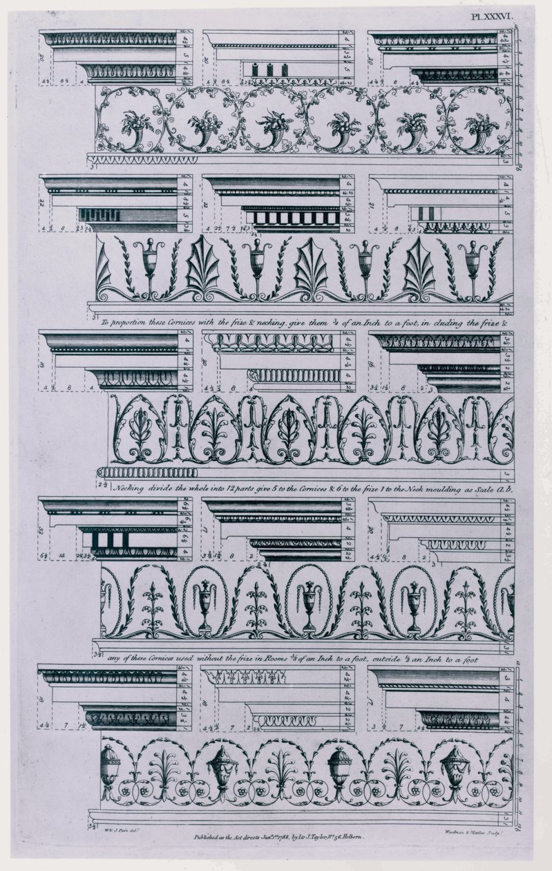 Designs for Cornices utgitt i 1788 av William Pain (c.1730-c.1790). 1783 svart og hvit gravering av William Pain
