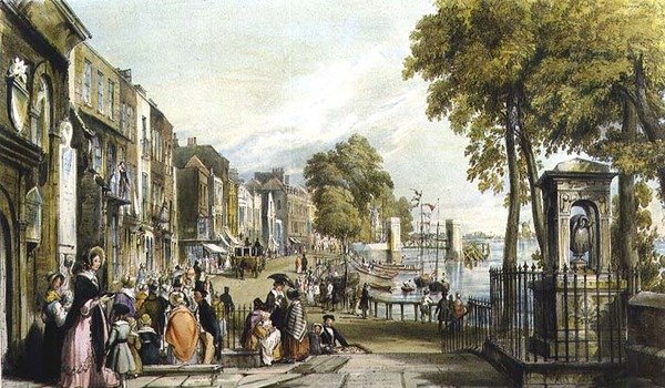 Chelsea Old Church og Sir Hans Sloanes grav (litho) av William Parrott