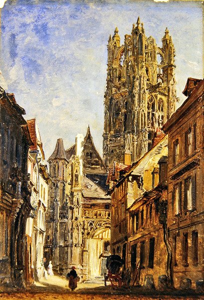 St Laurent Church, Rouen, ca. 1860 (olje på papir lagt om bord) av William Parrott