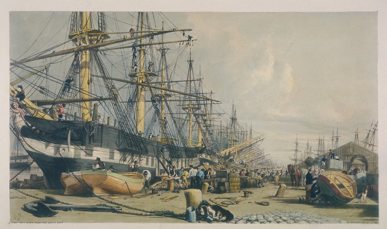 Utsikt over West India Docks fra sørøst, 1840 av William Parrott