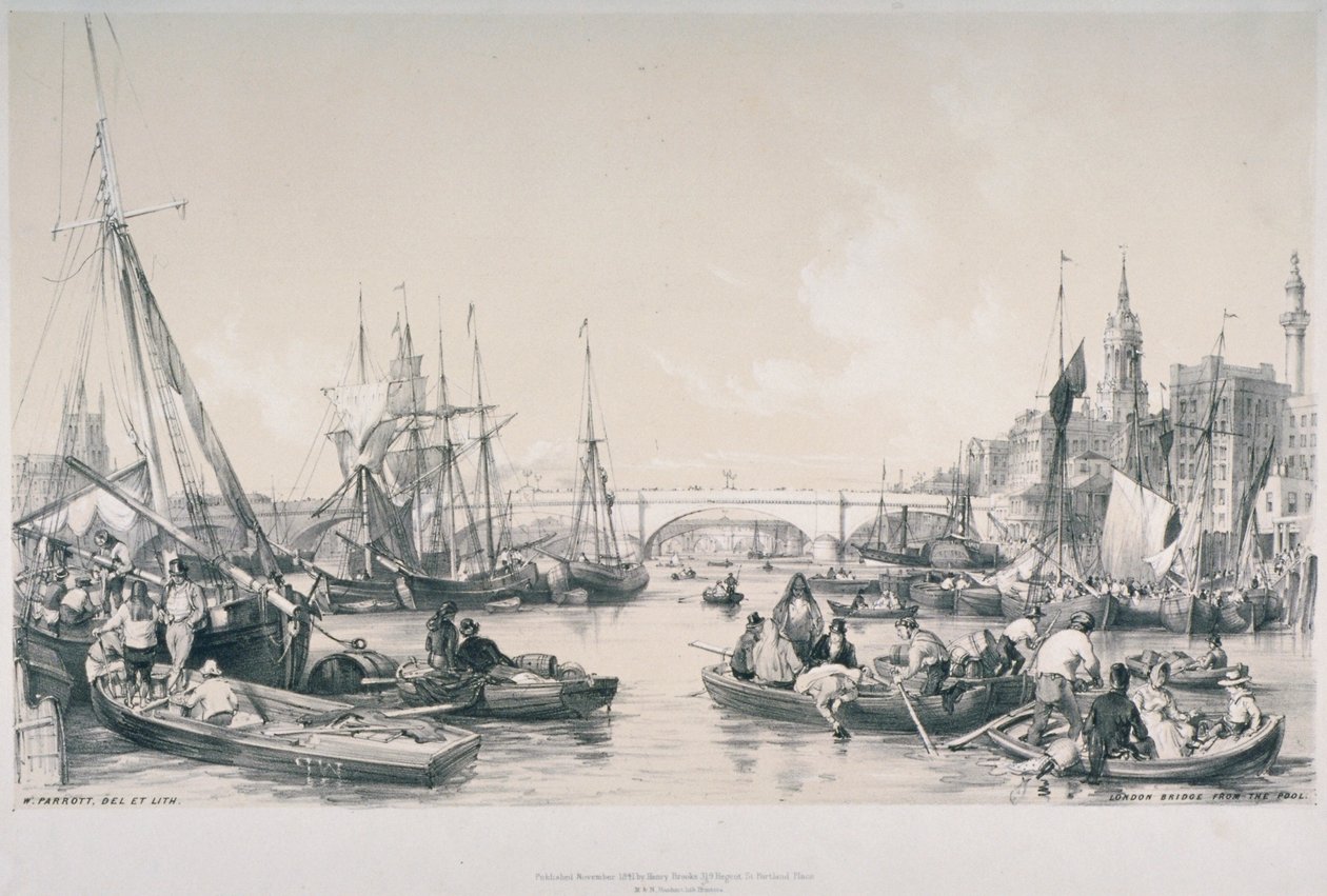Utsikt over den nye London Bridge fra bassenget ved Themsen, 1841 av William Parrott