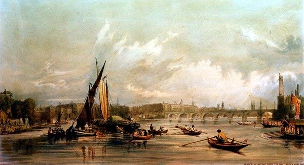 Waterloo Bridge fra Vesten med et båtløp (litho) av William Parrott