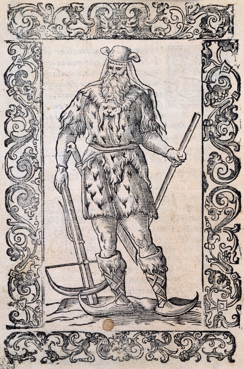 Mann med pelskjole, armbrøst og sko med vridd spiss (eksempel på rudimentære ski), illustrasjon tilskrevet Cesare Vecellio (1521-1601), utgitt i Italia på 1500-tallet av Nicolas Toussaint Charlet