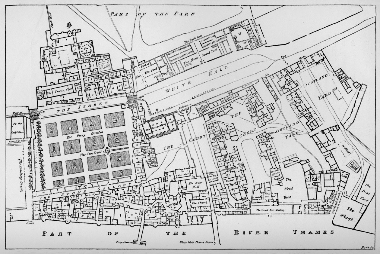 En redusert kopi av Fishers grunnplan for Royal Palace of Whitehall, tatt i Reign of Char av William Patten