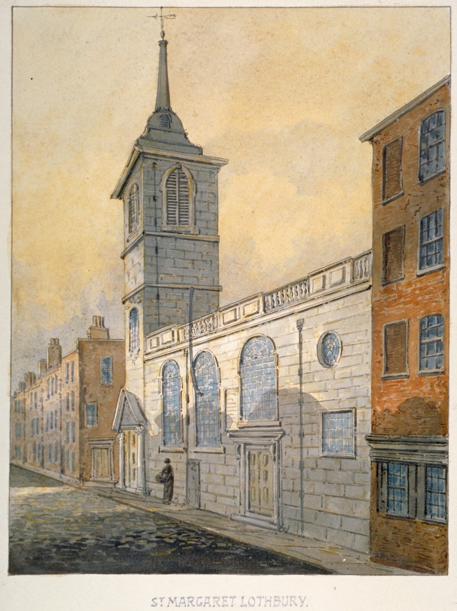 Sørøstutsikt over Church of St Margaret Lothbury, City of London, 1815. av William Pearson