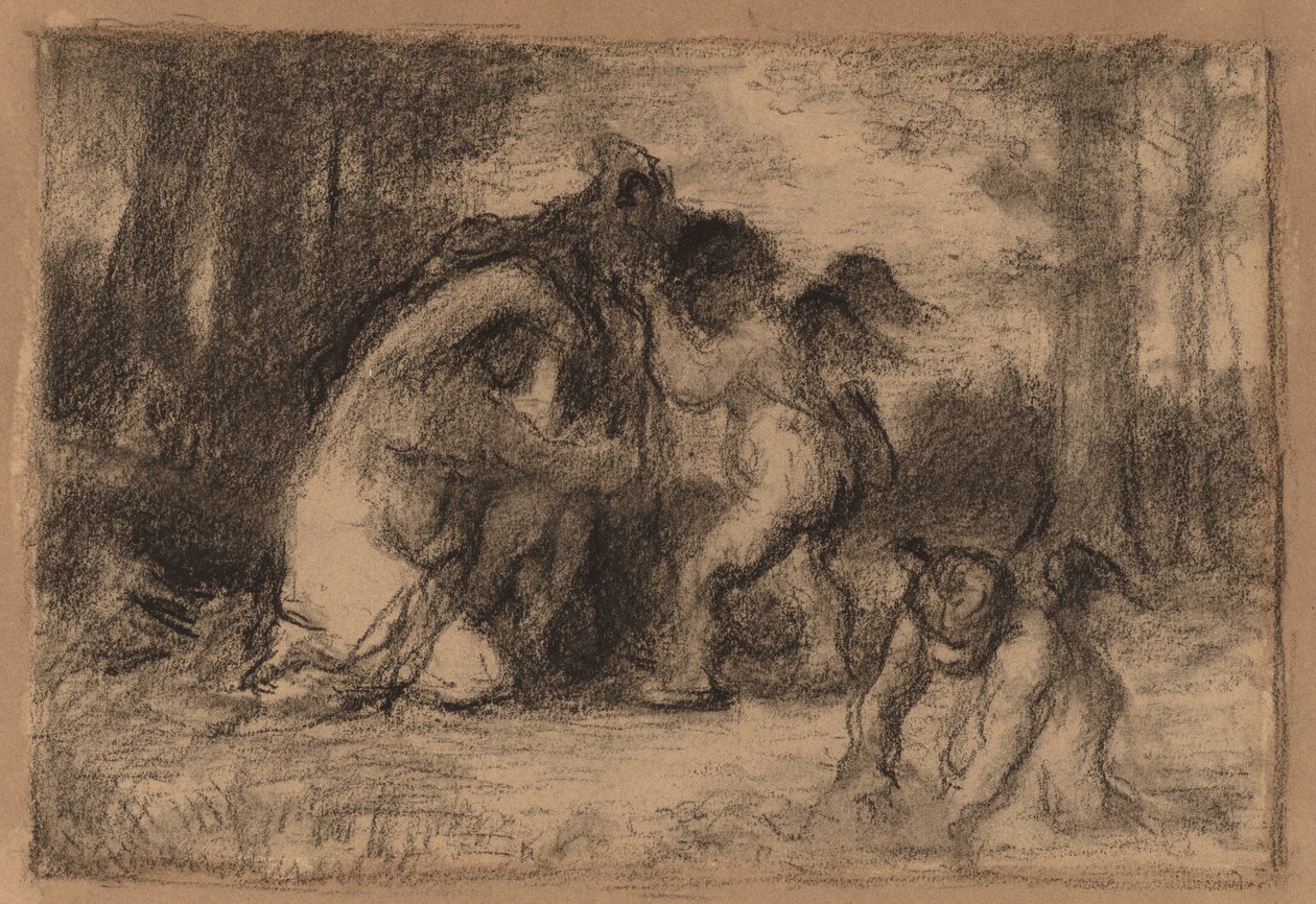 Skoglandskap med Putti som hjelper en kvinne med å kle av seg av William Perkins Babcock