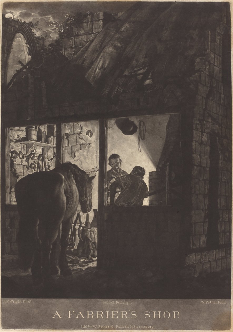 Hovslagerbutikken av William Pether after Joseph Wright of Derby