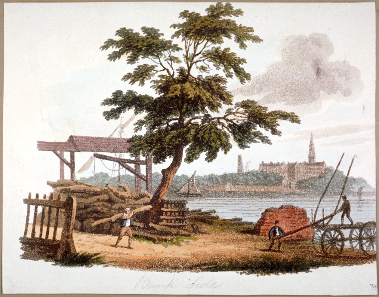 Men flyttet tømmer ved Bankside, Southwark, London, c1810 av William Pickett