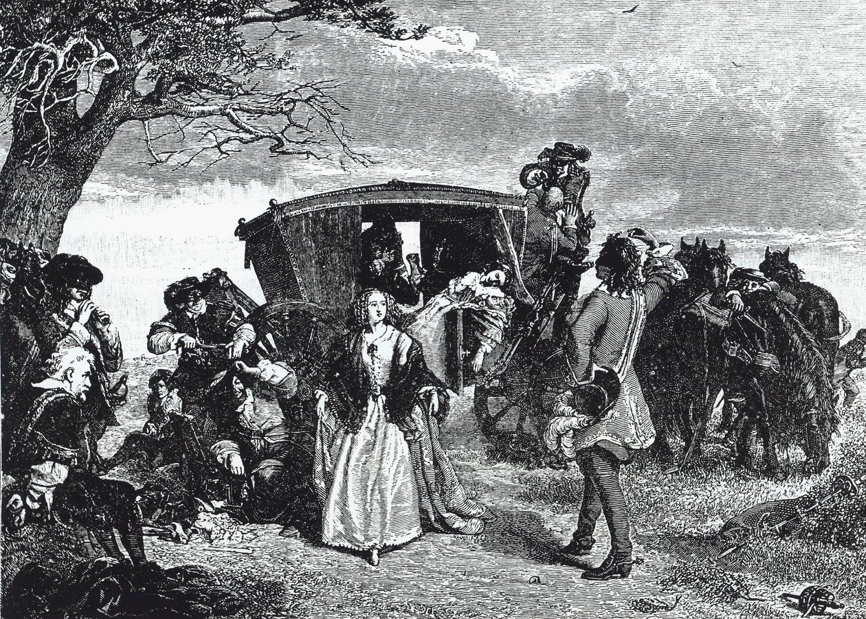 Highwayman Claude Duval avbildet i det legendariske øyeblikket da han nekter å ta alt byttet sitt hvis kona til offeret danser en "courante" med ham på Hounslow Heath (gravering) av William Powell (after) Frith
