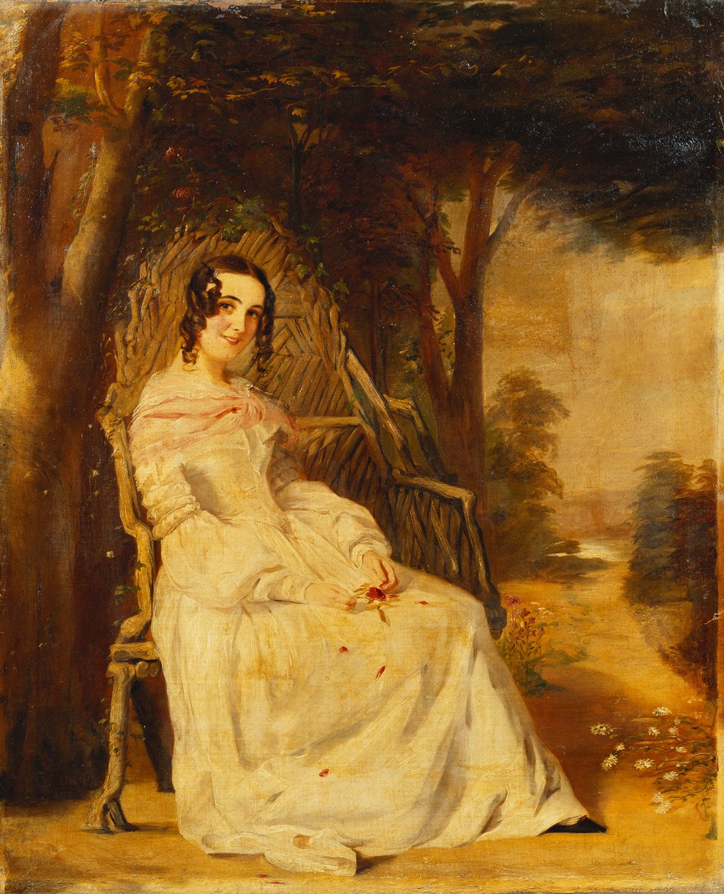 Portrett av Mary Freer sittende liten i full lengde på et hagesete, av William Powell Frith