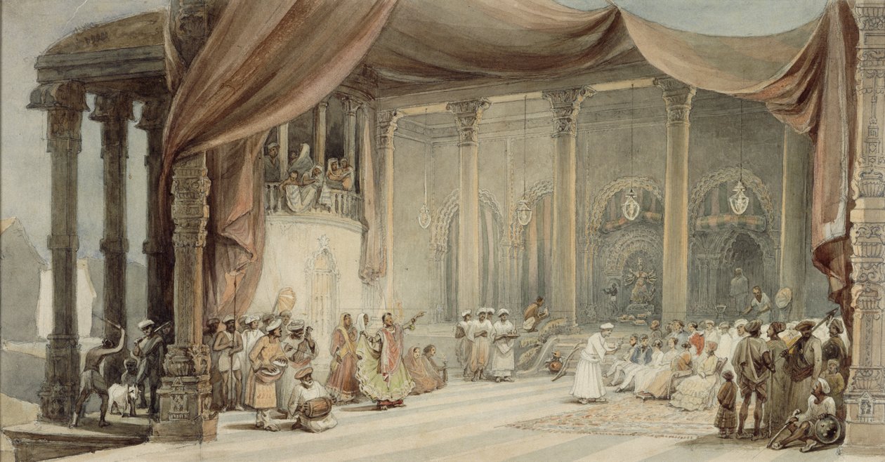 Europeere blir underholdt av dansere og musikere i et fantastisk indisk hus i Calcutta under Durga puja av William Princep