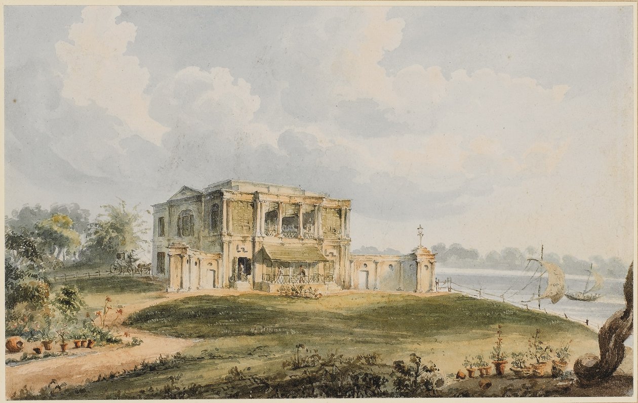 Utsikt over Charles Prinseps hus, Ishura ved Hooghly-elven (svart kritt, penn og brunt blekk med akvarell på papir) av William Prinsep