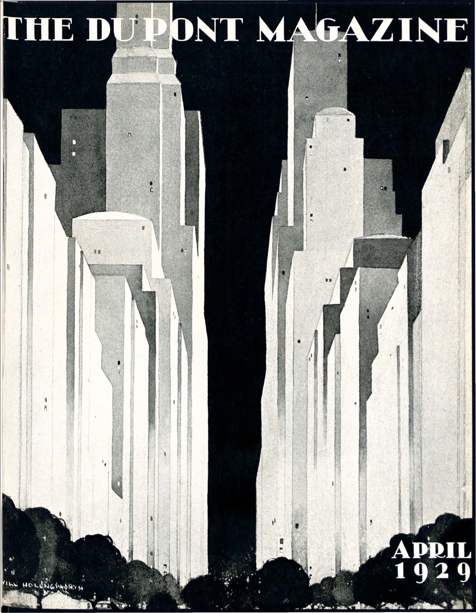 Skyskrapere, forsiden av DuPont Magazine, april 1929 av William R. Jr. Hollingsworth