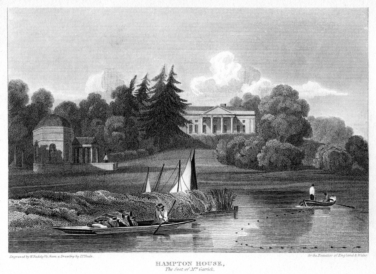 Hampton House, setet til Mr Garrick, Hampton, Richmond upon Thames, London, 1815. av William Radclyffe