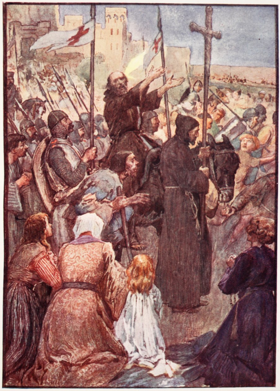 'Ofte var han å bli sett ridende på en esel', plate fra 'The Story of France', av Mary MacGregor, 1920 (farget lito) av William Rainey