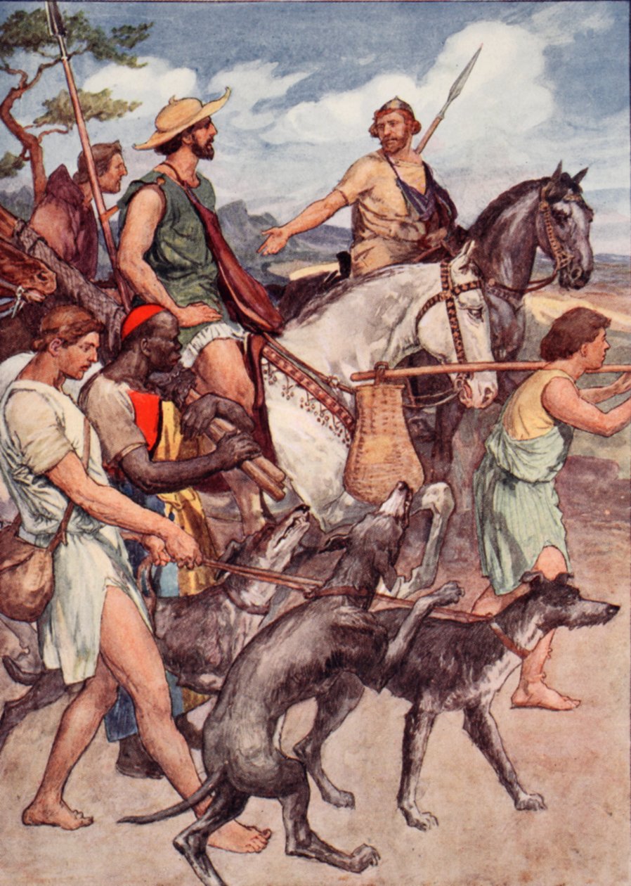 Pelopidas på vei til Theben, illustrasjon fra «Plutarch#39;s Lives for Boys and Girls», gjenfortalt av WH Weston, London ca. 1910 (fargelitografi) av William Rainey