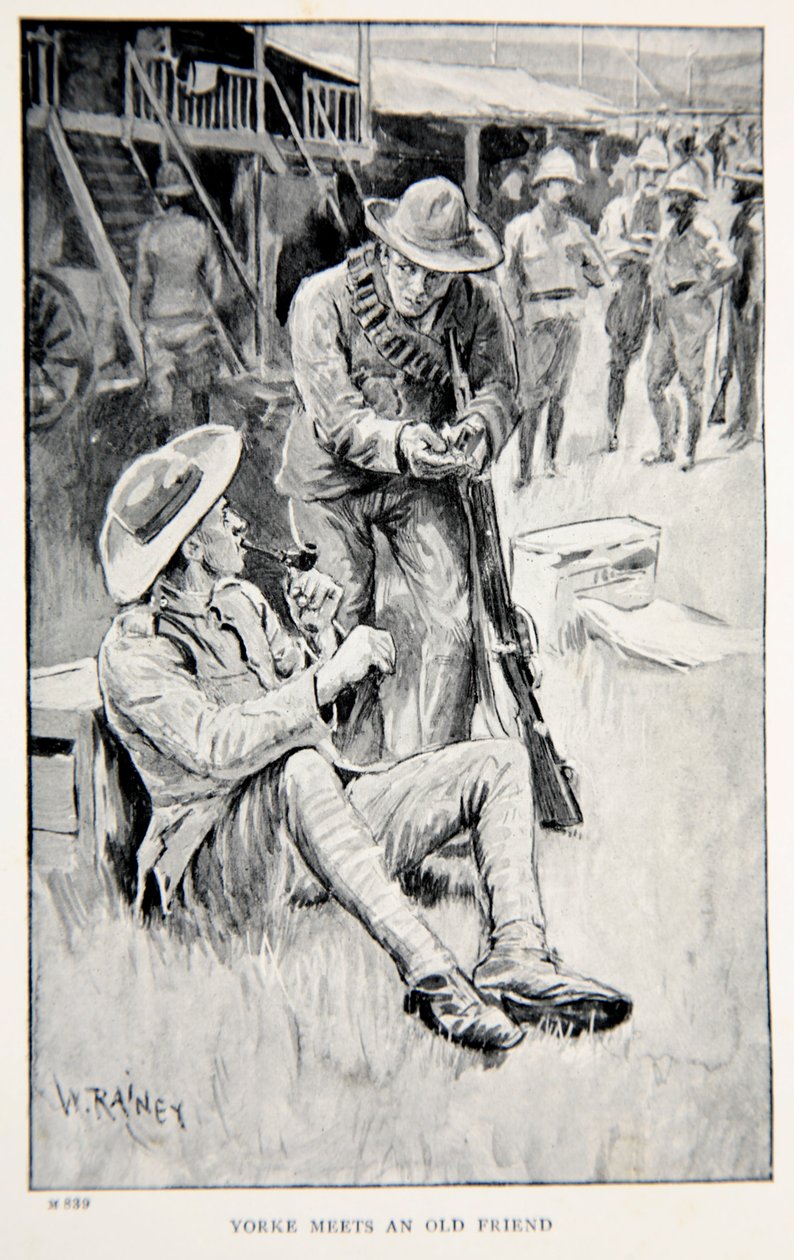 Yorke møter en gammel venn, en illustrasjon fra "With Roberts to Pretoria: A Tale of the South African War" av G.A. Henty, pub. London, 1902 av William Rainey