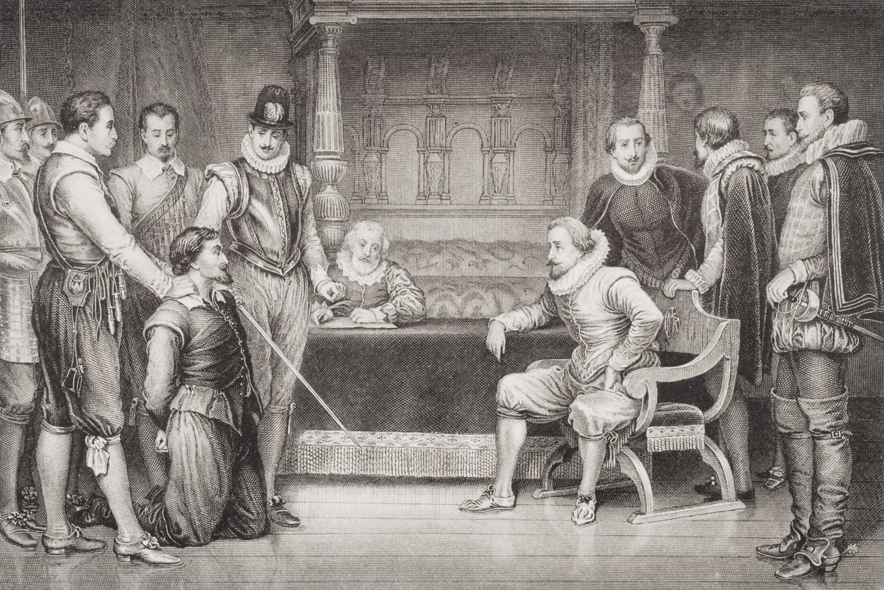 Guy Fawkes (1570-1606) forhørt av James I (1566-1625) og hans råd i kongens sengekammer, fra 