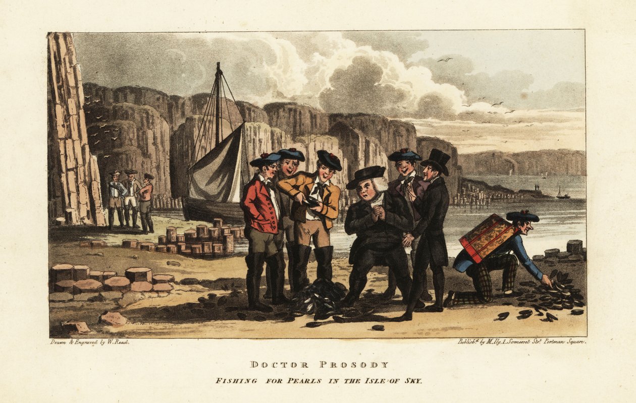 Engelske turister ser på skotske fiskere som åpner perleøsters på Isle of Skye, Skottland av William Read