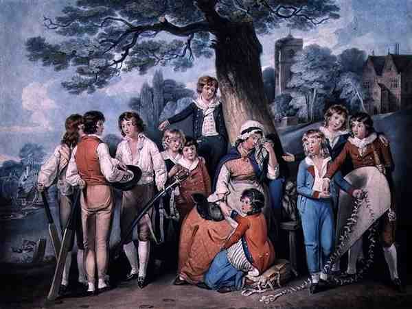 Soldatens enke, eller skoleguttenes samling, gravert av Robert Dunkarton (1744-c.1817), pub. av James Daniell av William Redmore (after) Bigg