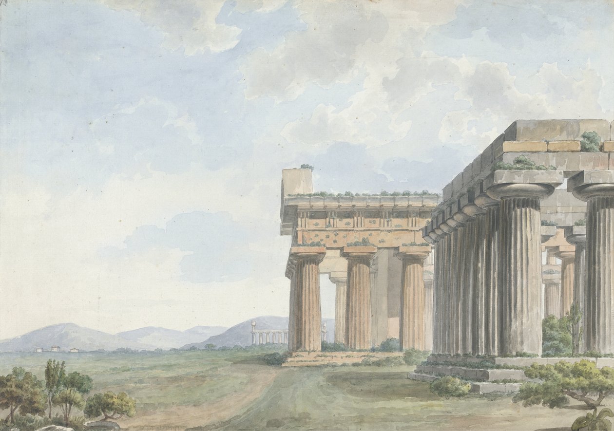 Utsikt i Levanten: Tempelruinene ved Paestum, ca. 1785 (wc med penn og blekk over grafitt på papir) av William Reveley