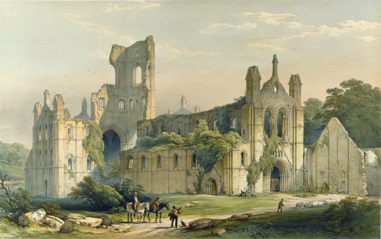 Kirkstall Abbey sett fra nord-vest. - Fra 'Monastic Ruins of Yorkshire', gravert av H. Hawkins av William Richardson