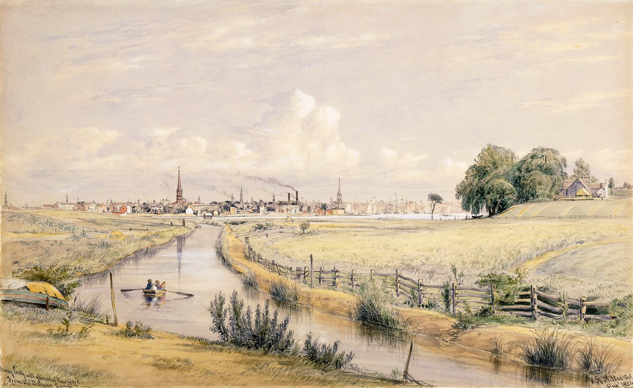 Jersey City med et glimt av New York fra Bergenskanalen, 1854 av William Rickarby Miller