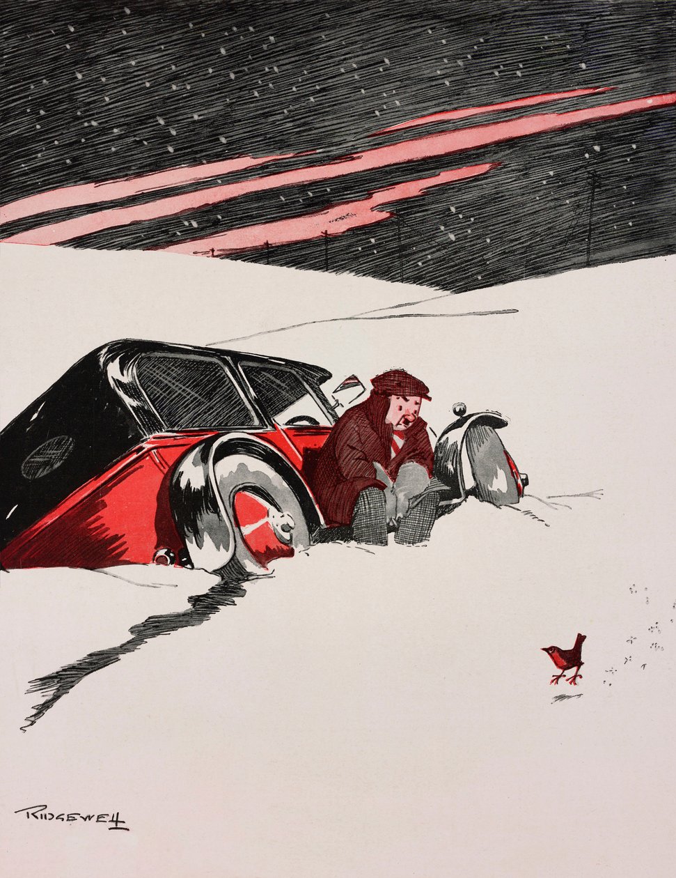 When the Red Red Robin kommer Bob Bob Bobbin med"", bilist i en bil fast i snøen, tegneserie av William Ridgewell (1881-1937) fra The Tatler, nr. 1434, 19. desember av William Ridgewell