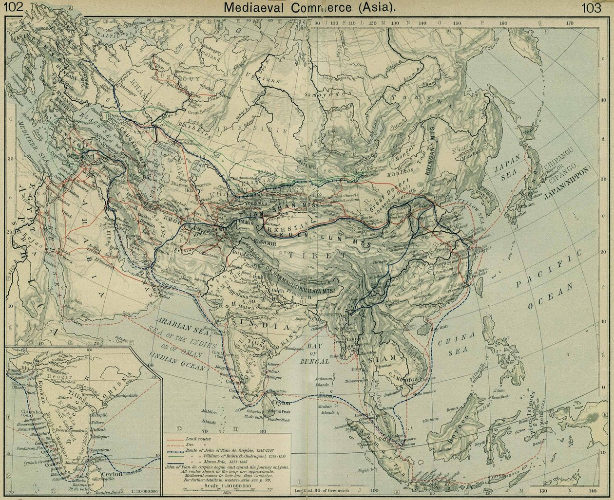 Middelalderhandel Asia. Fra The Historical Atlas av William Robert Shepherd