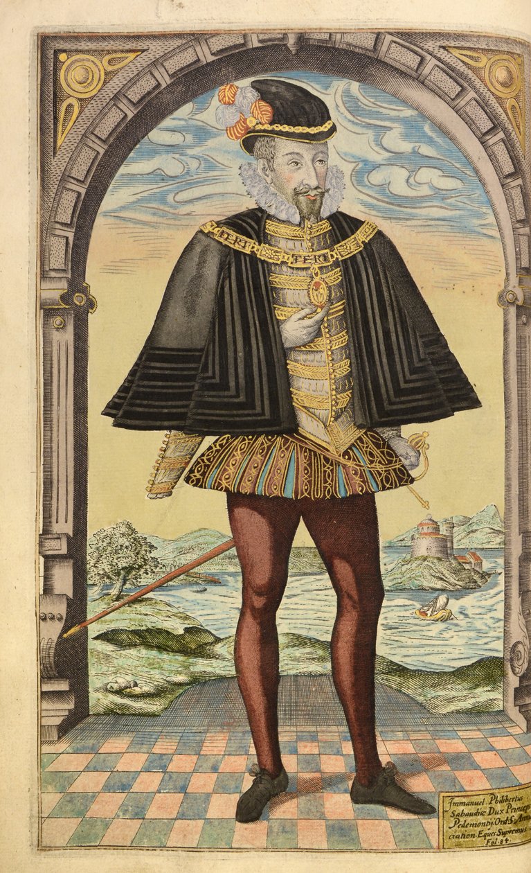 Emmanuel Philibert, hertug av Savoy, fra Honor Military, and Civil, William Segar, pub. Robert Barker, London, 1602 (håndfarget gravering) av William Rogers