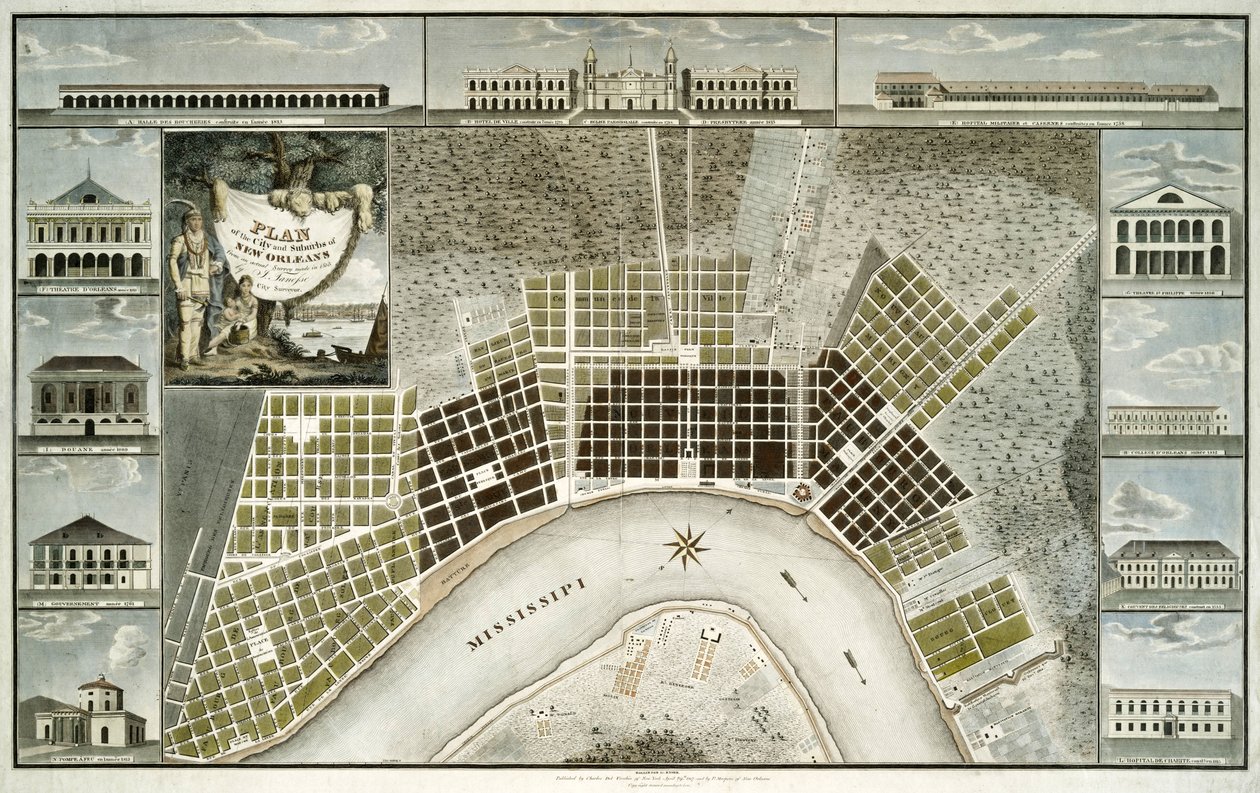 Plan for byen og forstedene til New Orleans, 1817 av William Rollinson
