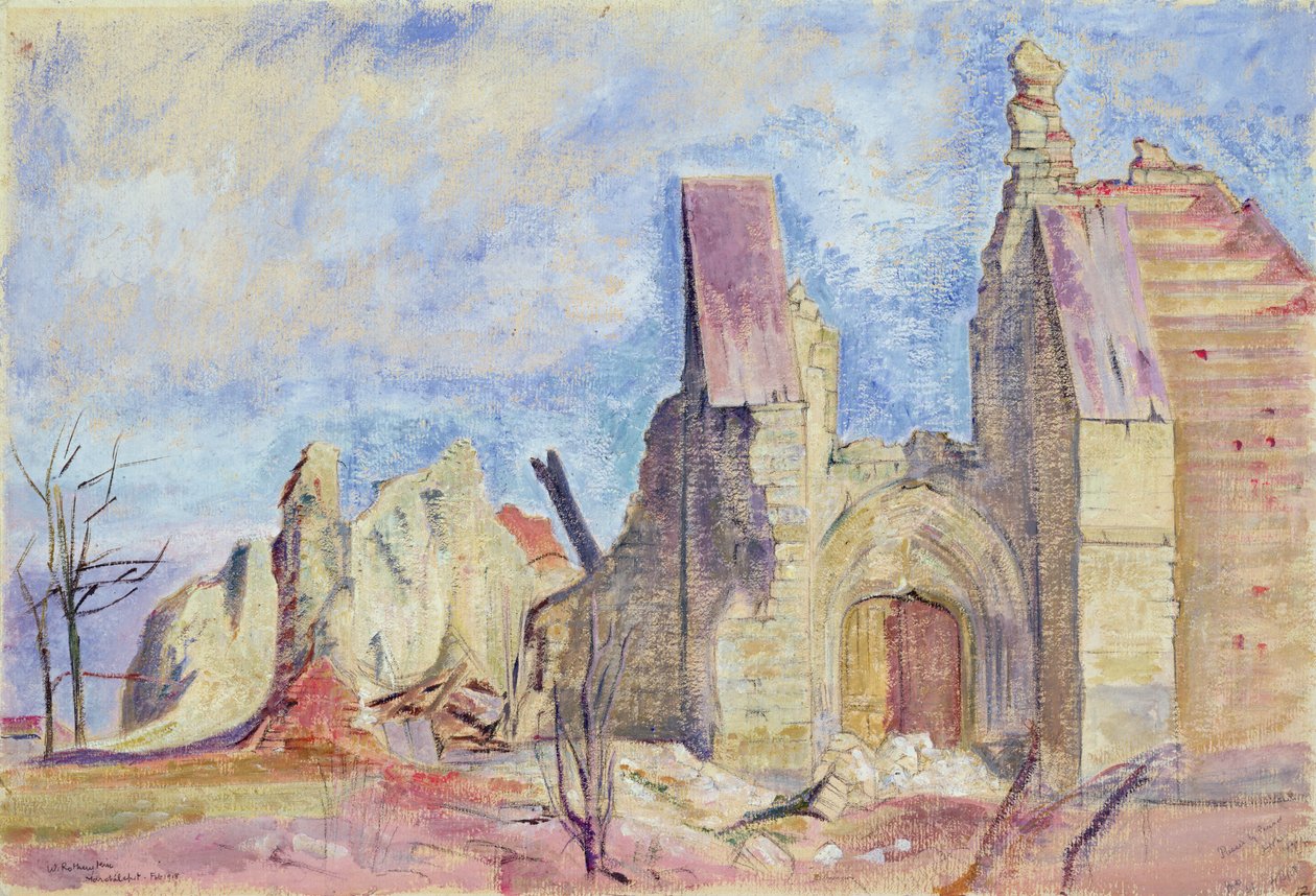 Vestfronten, Marchelepot kirke (gouache på papir) av William Rothenstein