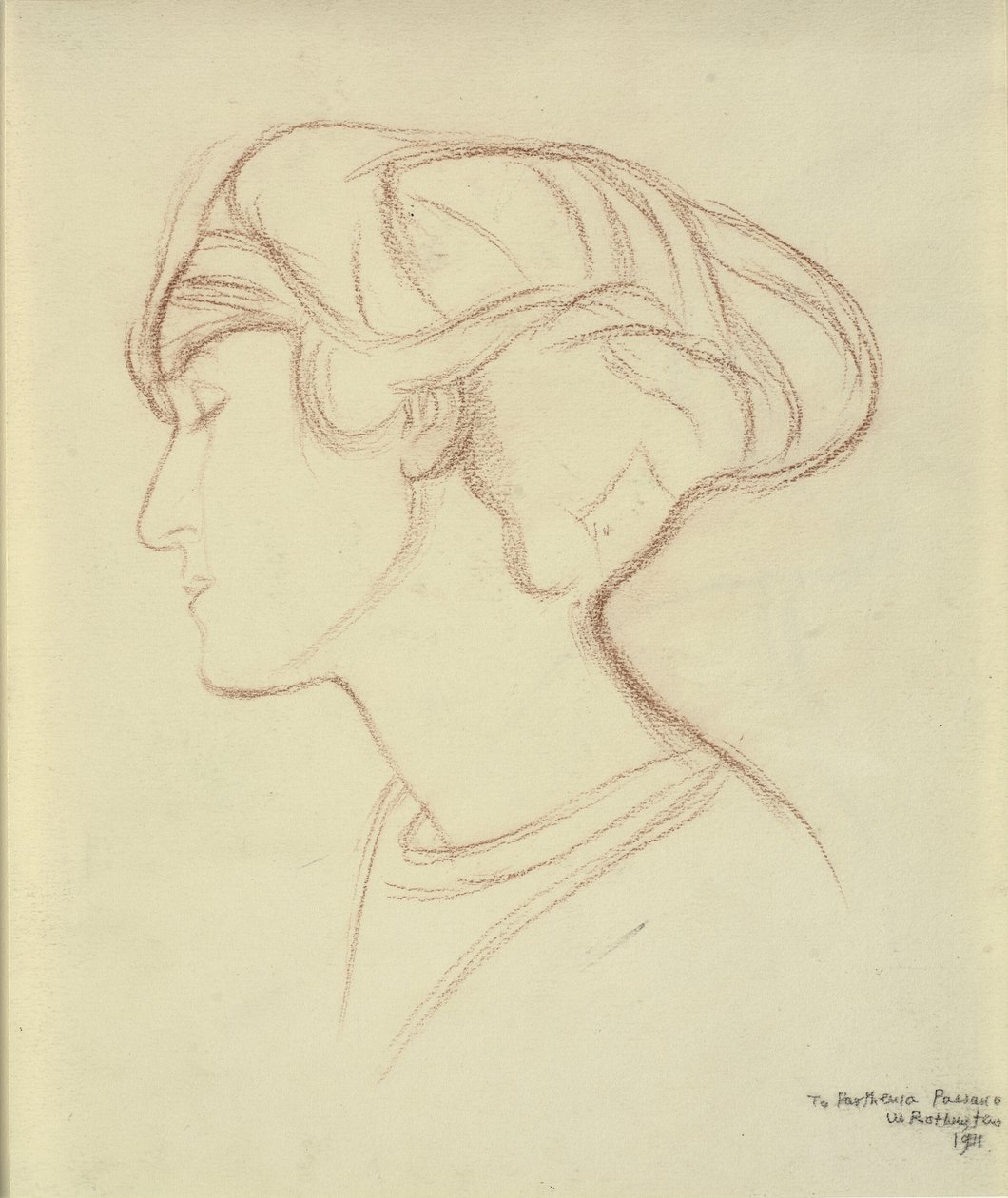 Kvinnehode (Parthenia Passano?) i profil til venstre av William Rothenstein
