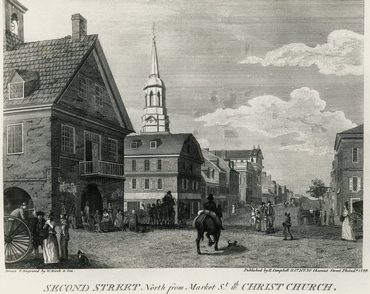 Second Street North fra Market Street og Christ Church, Philadelphia, tegning av William Russell Birch (1755-1834), trykt av R Campbell, USA av William Russell Birch
