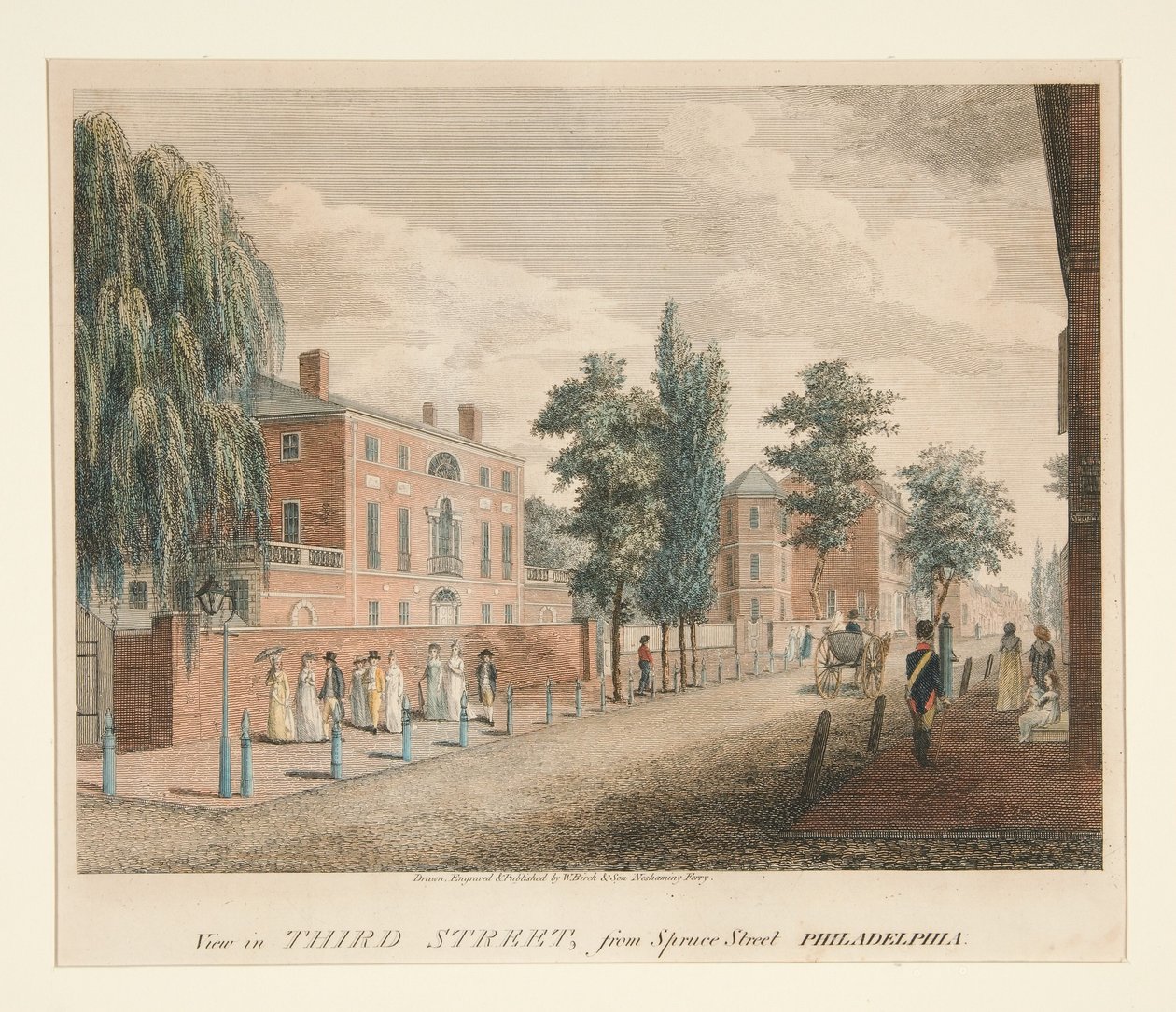 Utsikt over Third Street fra Spruce Street, Philadelphia av William Russell Birch