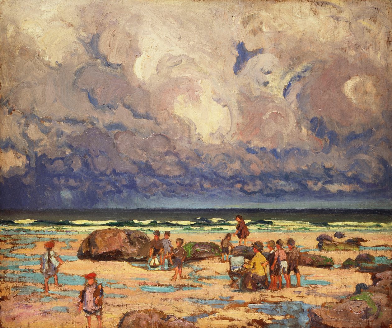 Children on the Beach, ca. 1910 (olje på panel) av William Samuel Horton