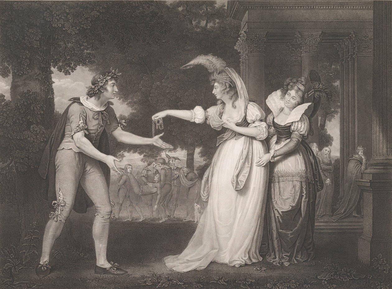Før hertugens palass-Rosalind, Celia, Orlando, hertugen..., først utgitt 1800, gjenutgitt 1852. av William Satchwell Leney