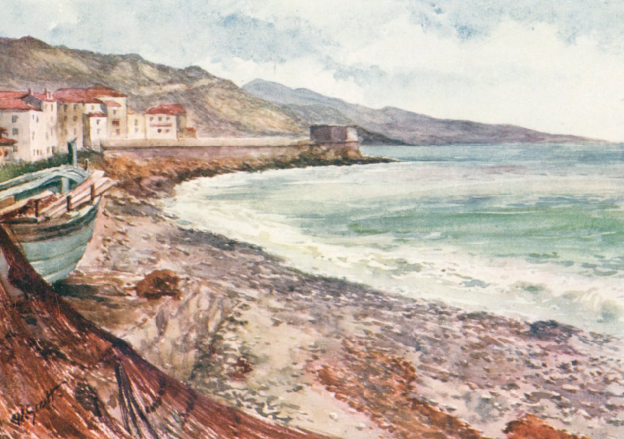 Frankrike og Italia, ved kysten, Mentone, med utsikt mot Bordighera (fargelitografi) av William Scott