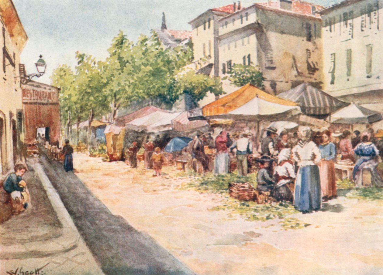 Grønnsaksmarkedet, Nice, med utsikt mot vest (fargelitografi) av William Scott